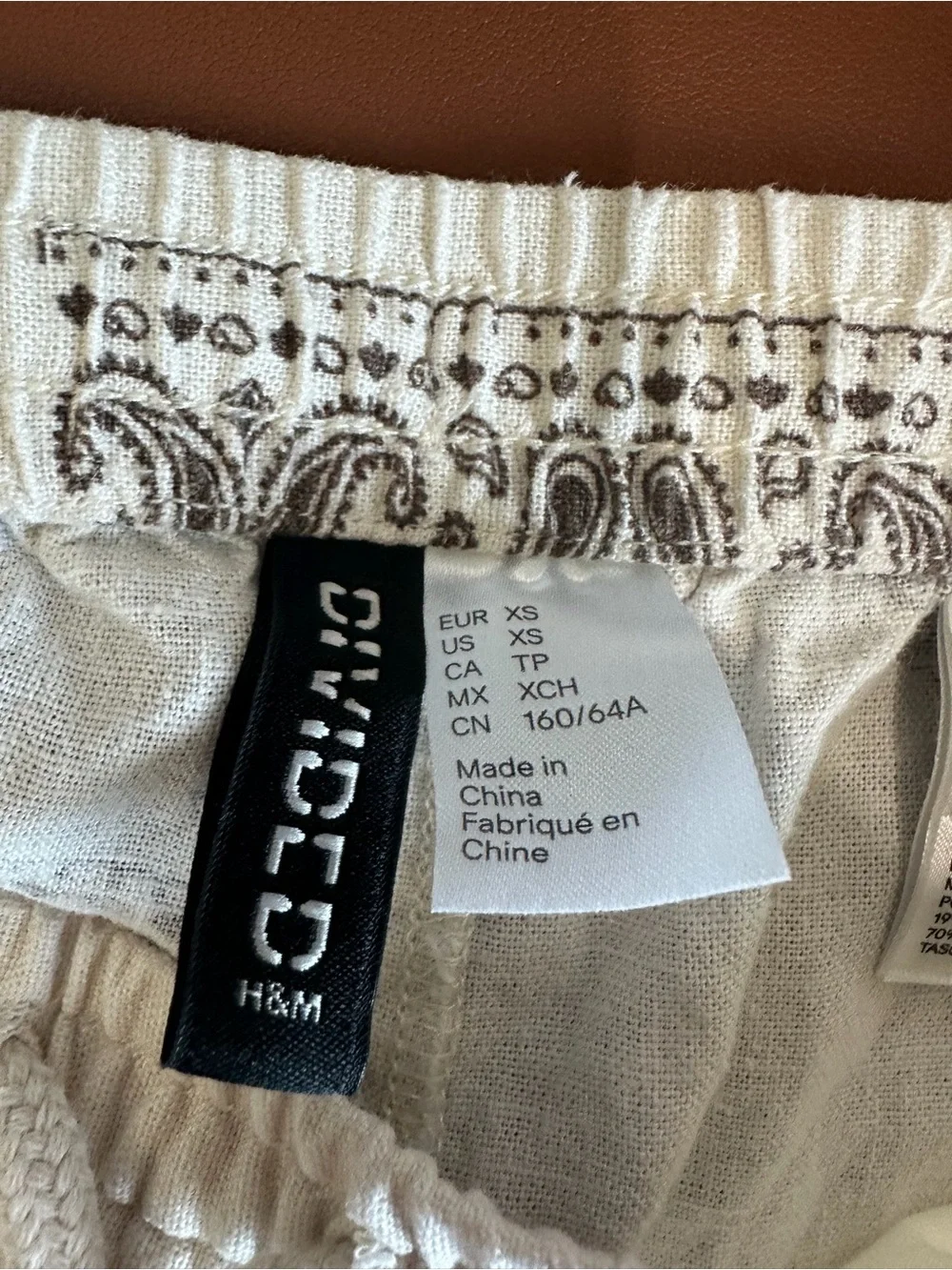 H&M Cream Paisley Linen Blend Wide-Leg Pants Drawstring Frayed Hem Size XS
